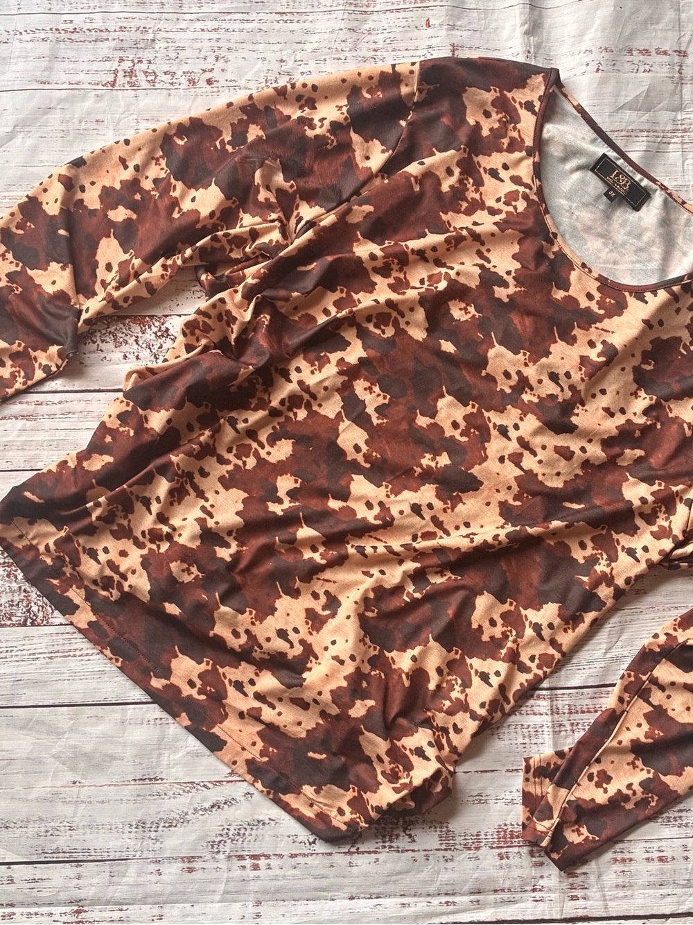 L&B Women’s Brown Cowl Long Sleeve Top - Rustic Spot Print Sexy Size 3X
